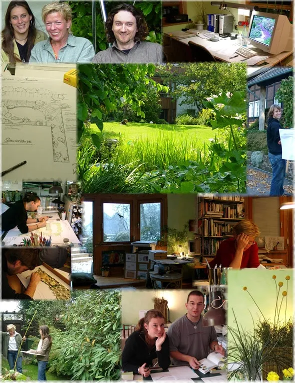 Bildcollage aus dem Büroalltag: Planzeichnungen, Arbeitsplätze, Gartenansichten und Menschen bei der Arbeit