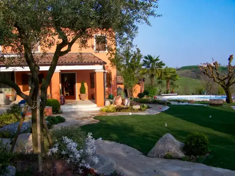 Mediterraner Garten mit Villa, Olivenbäumen, Pool und Natursteinweg