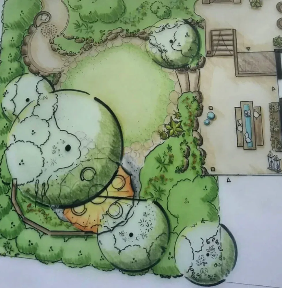 Derselbe Gartenentwurf, farbig ausgearbeitet – Rasen, Bepflanzung und Beläge koloriert.