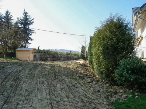 Ausgangslage: frisch planiertes, offenes Grundstück mit hoher Hecke