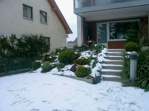 Ausgangslage: winterlicher Vorgarten mit Treppe und schlichter Bepflanzung